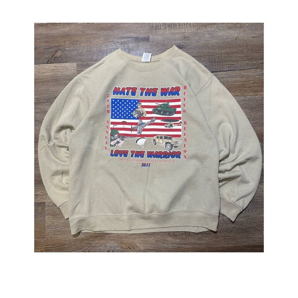 Jerzees Mens Large Hate The War Love The Warrior Military Graphic Sweatshirt Tan - Picture 1 of 4